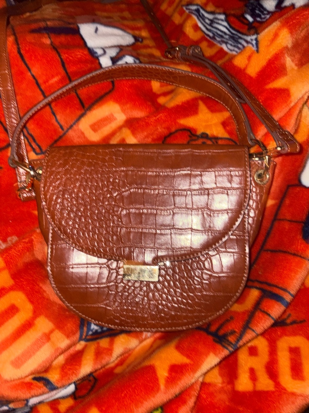 Gianni Bini Brown Croc-Embossed Crossbody Saddle Bag